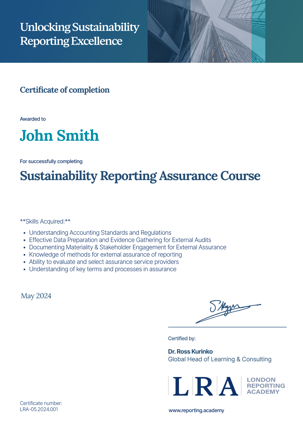London Reporting Academy - Certificaat