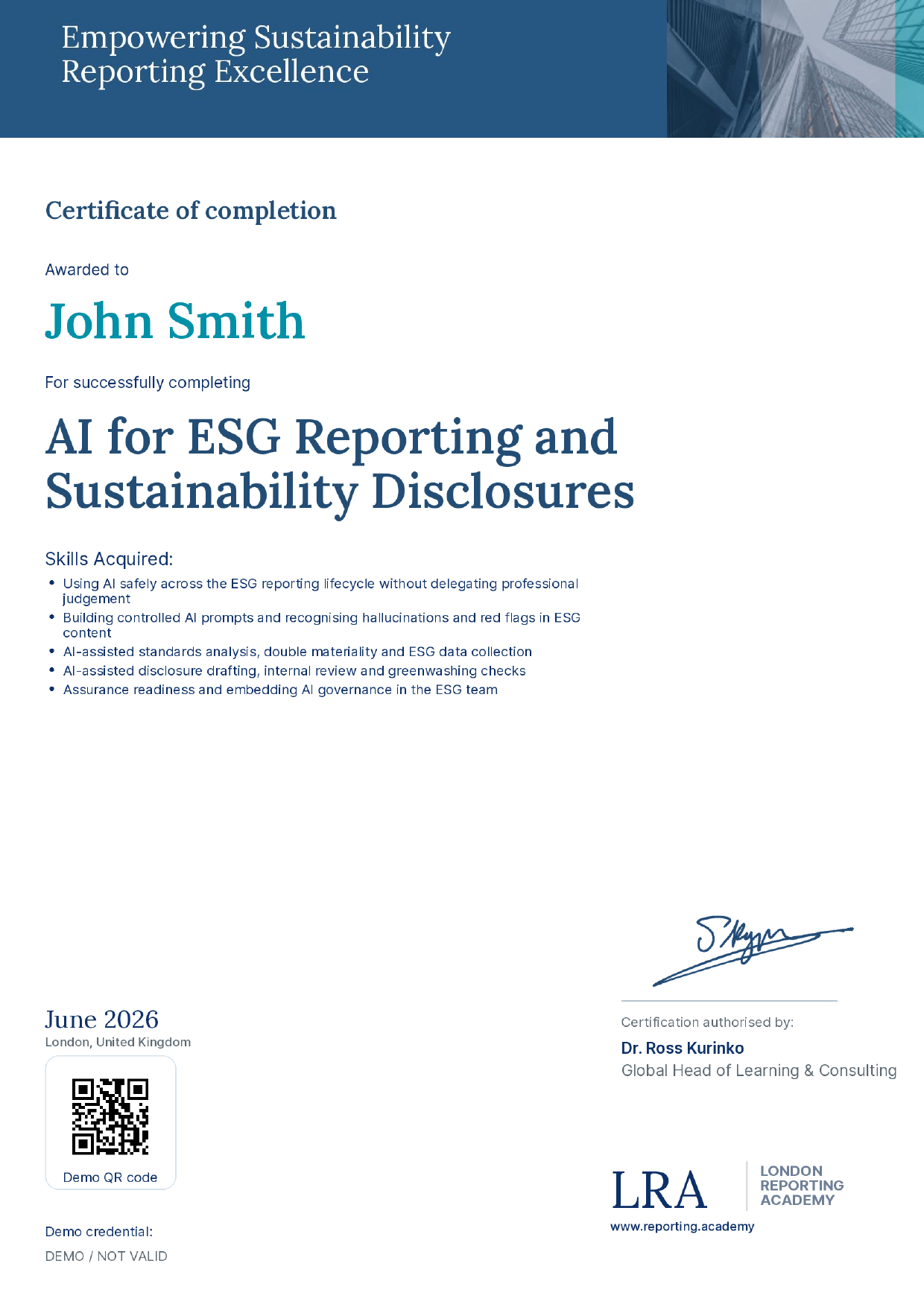 Muster-Zertifikat der London Reporting Academy – KI für ESG-Reporting und Nachhaltigkeitsberichterstattung