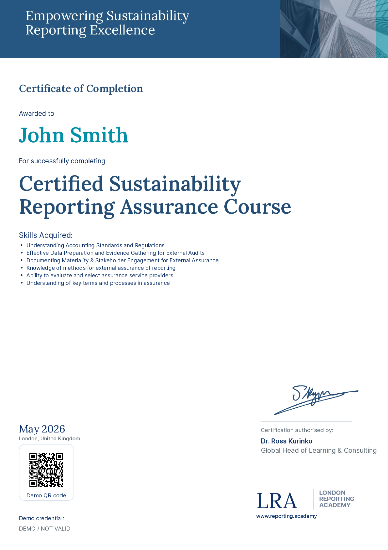 London Reporting Academy — sample certificate of completion