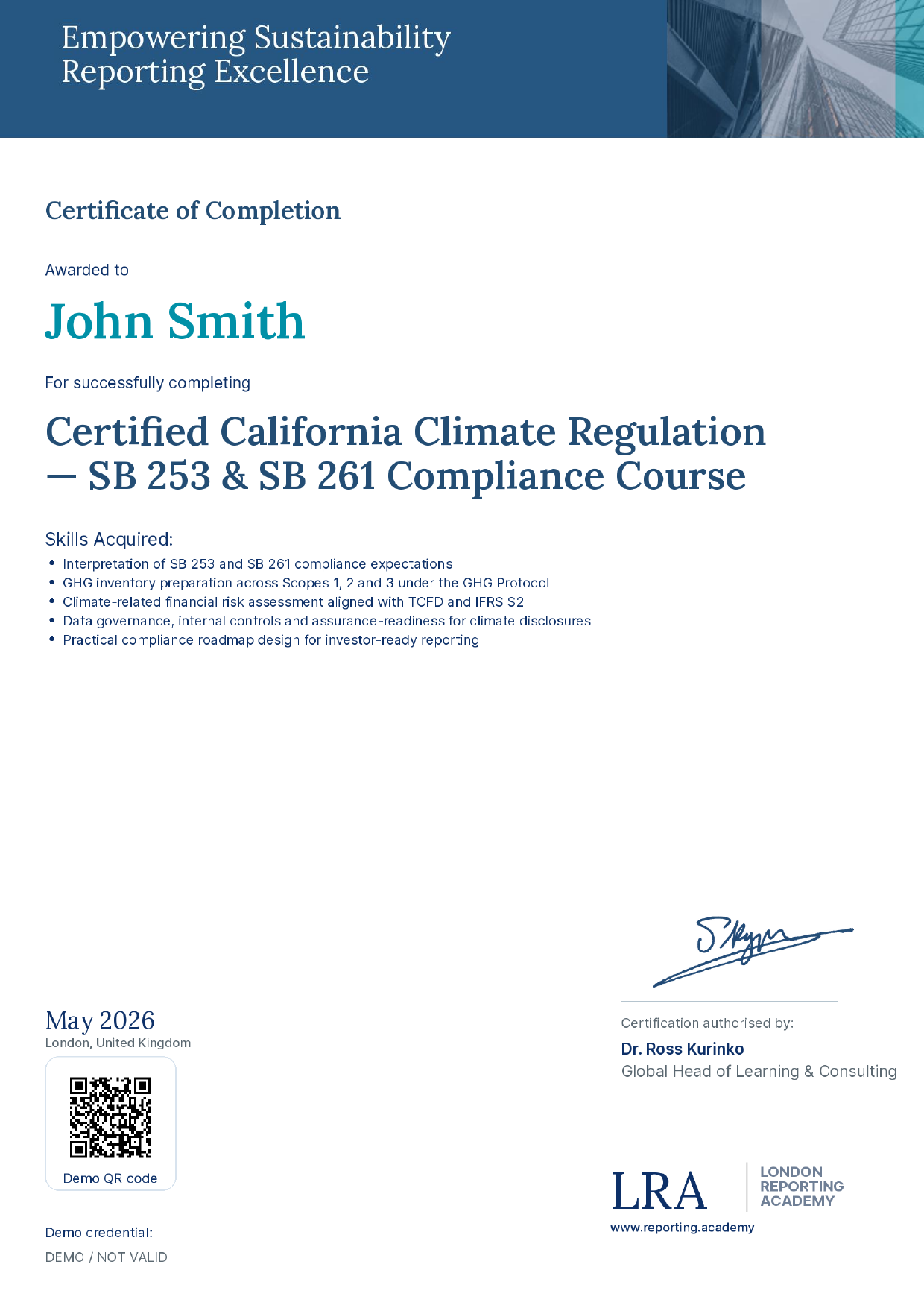London Reporting Academy — sample certificate of completion