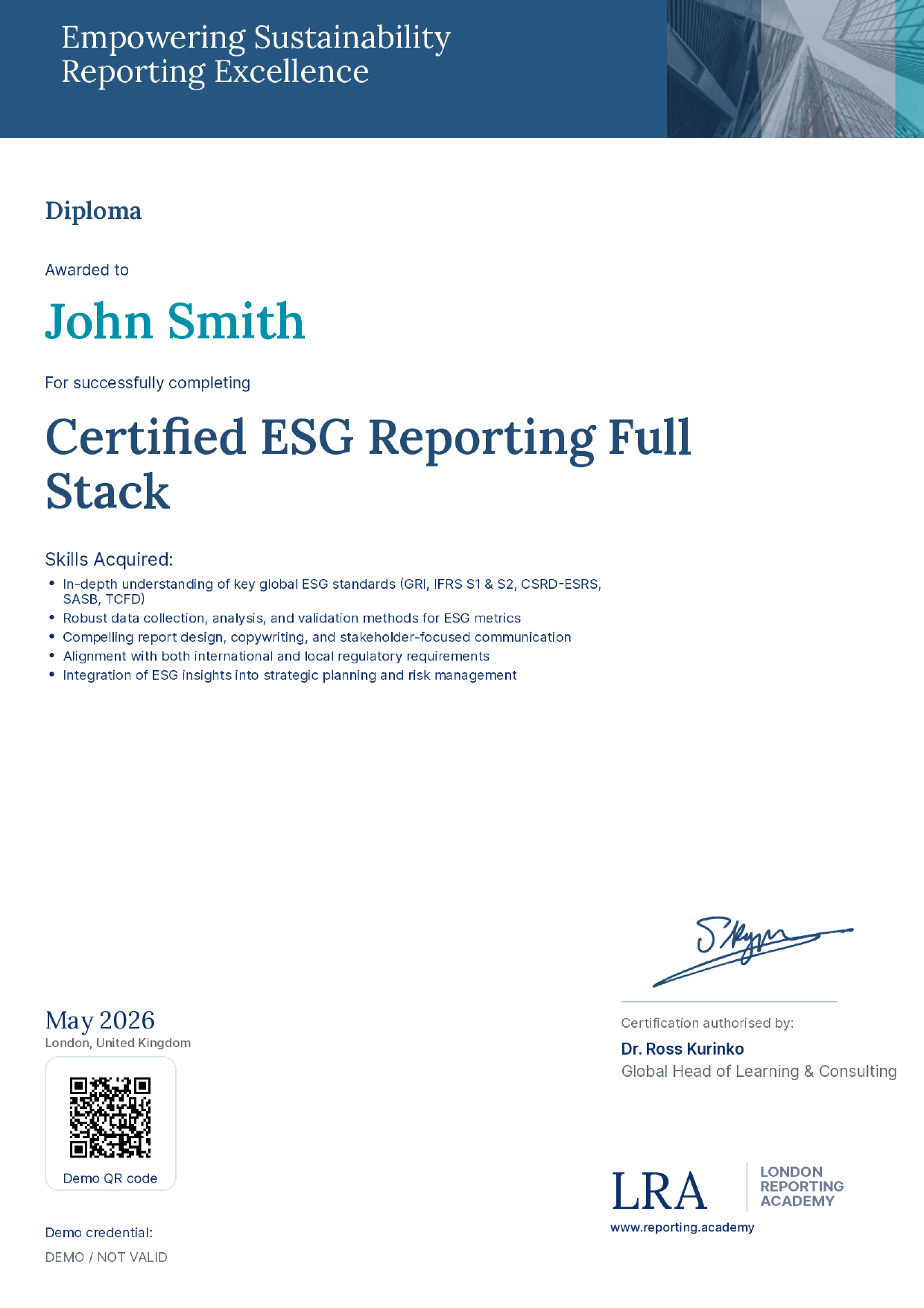 London Reporting Academy — sample Full Stack certificate of completion