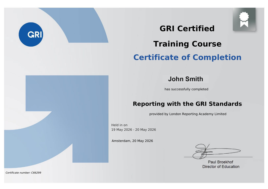GRI Standards Certified Course — sample student certificate