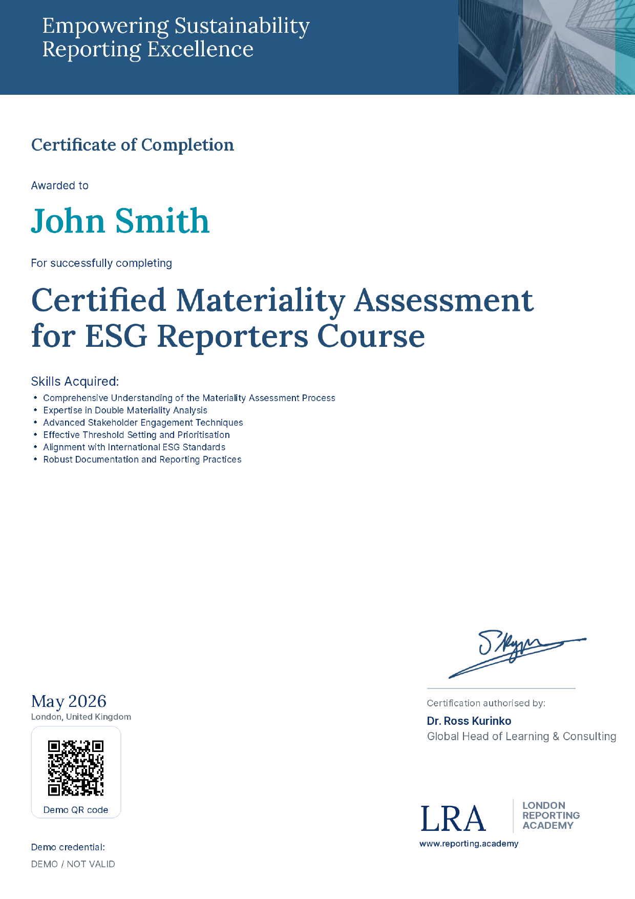 London Reporting Academy — sample certificate of completion