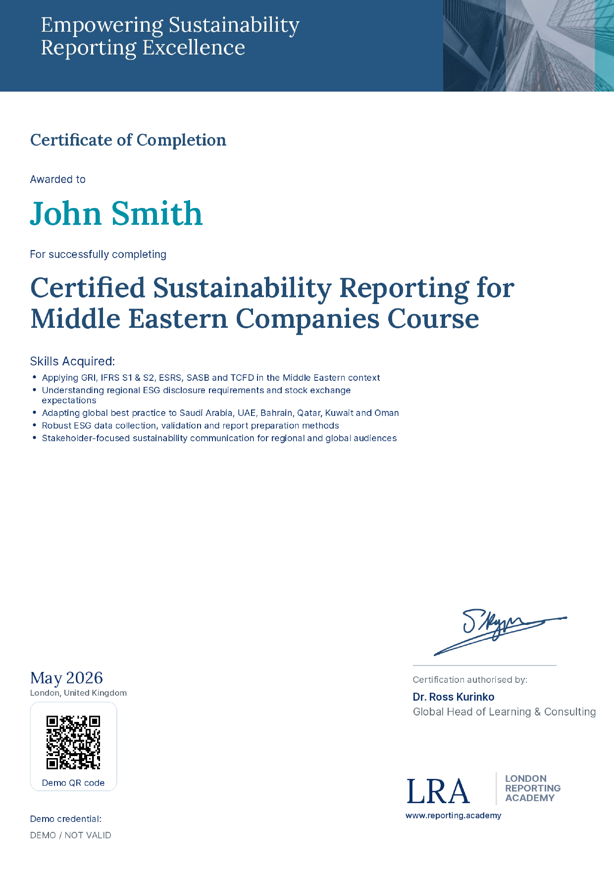 London Reporting Academy — sample certificate of completion