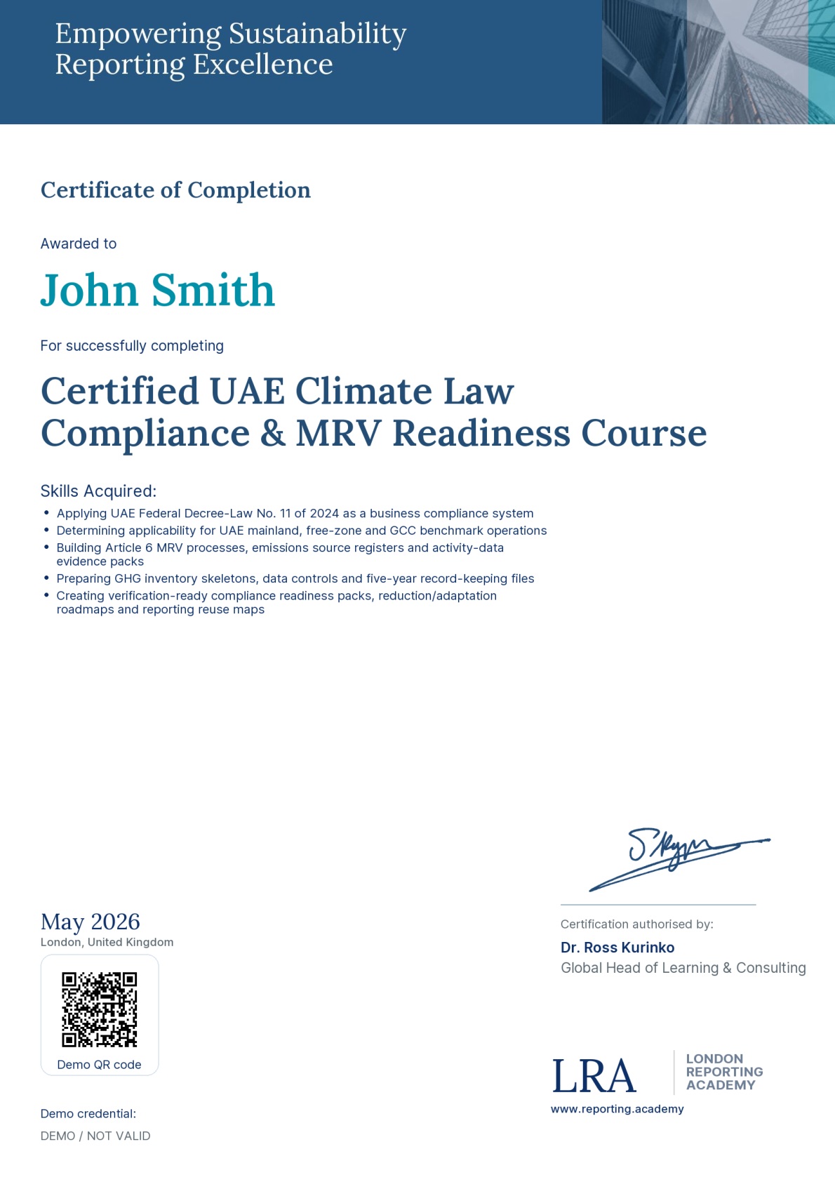 London Reporting Academy — certificato di completamento campione