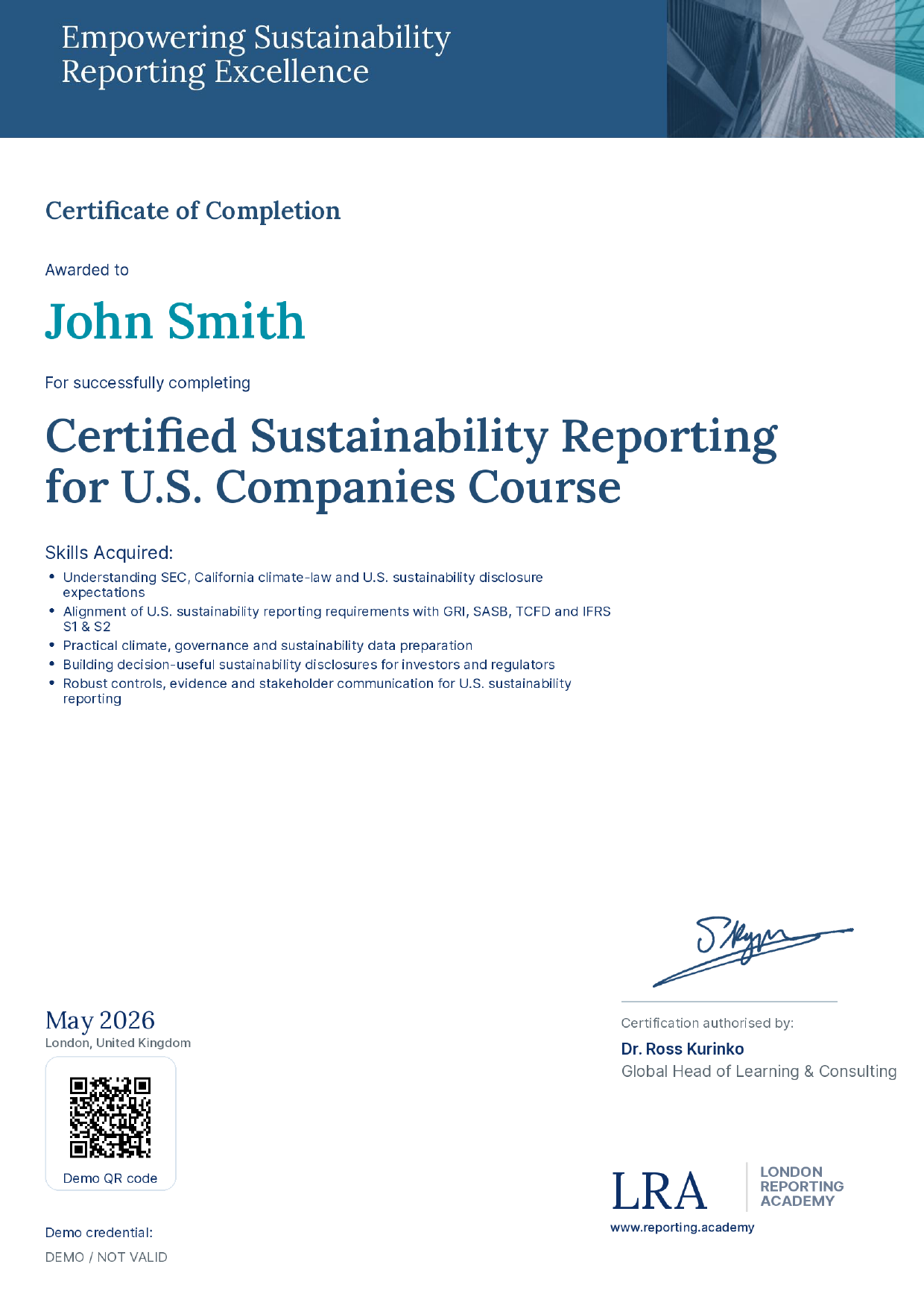 London Reporting Academy — sample certificate of completion