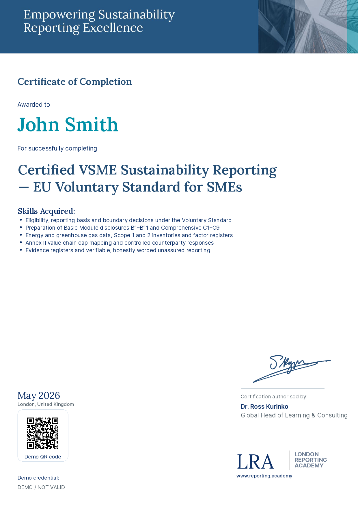 London Reporting Academy — sample certificate of completion
