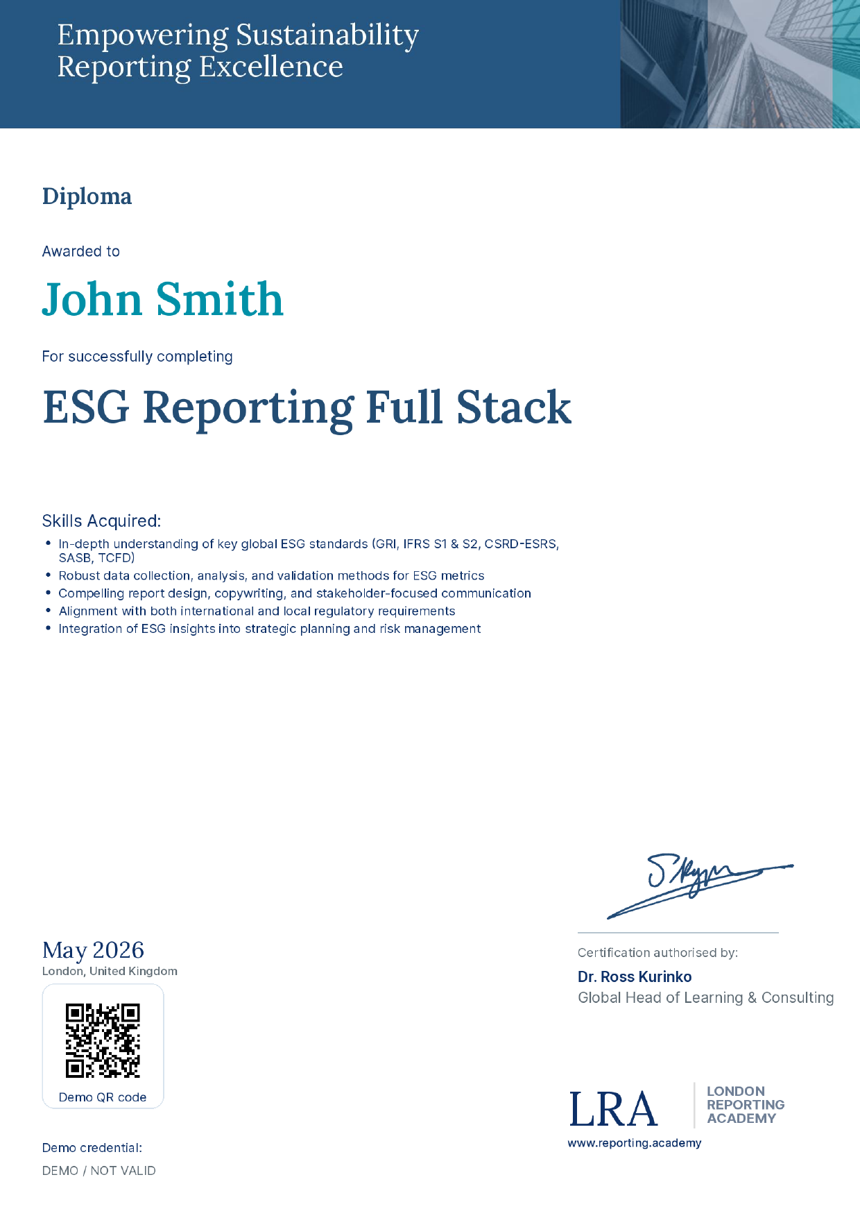 London Reporting Academy — sample ESG Reporting Full Stack Diploma