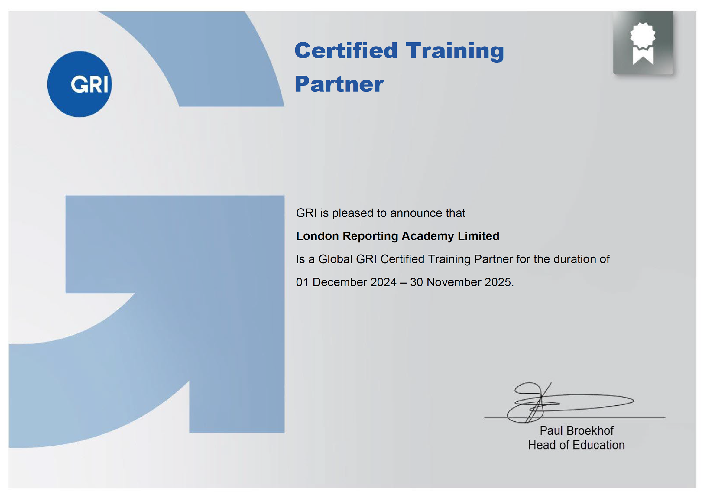 GRI Certified Training Partner — London Reporting Academy