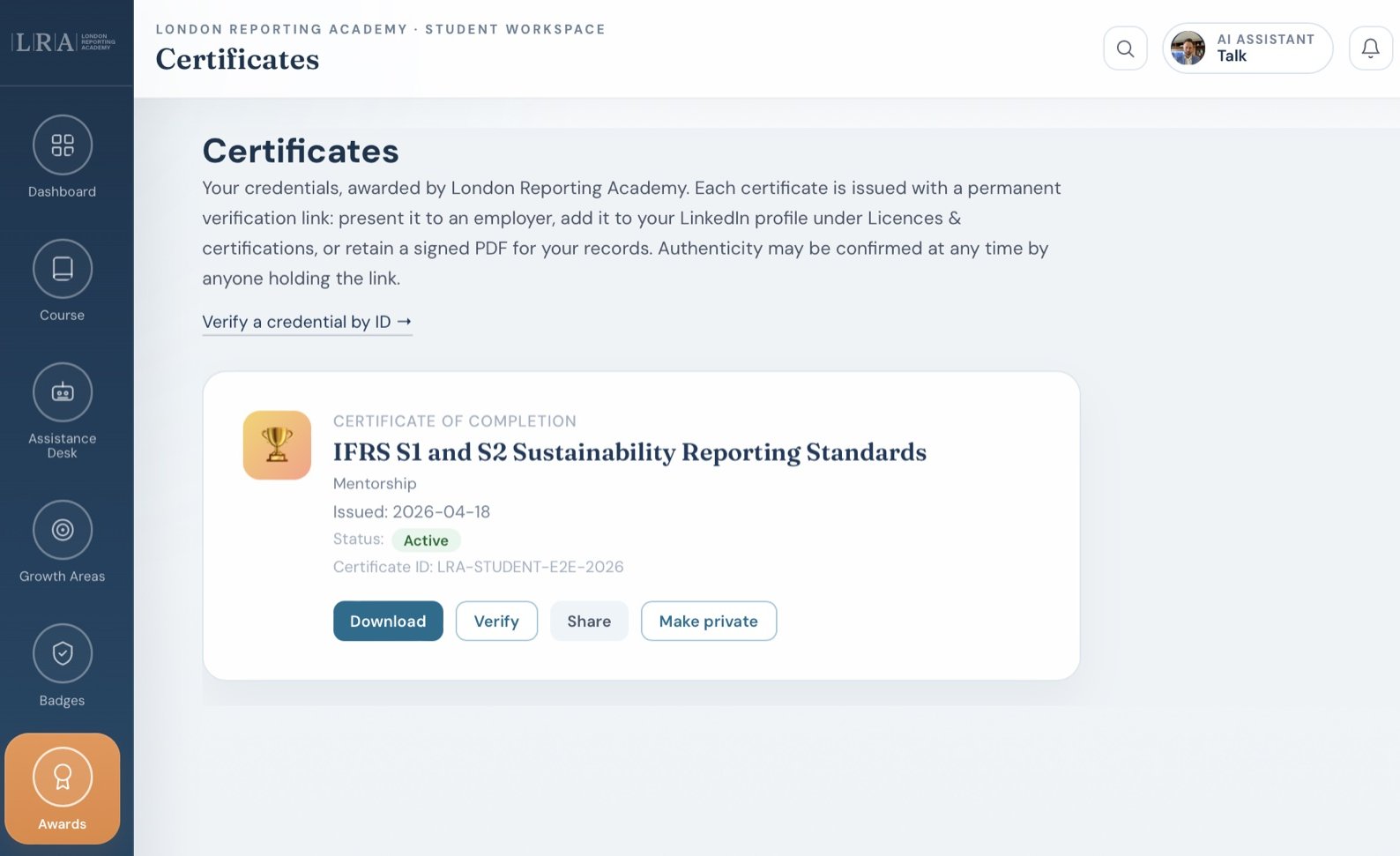 Verifiable certificate of completion