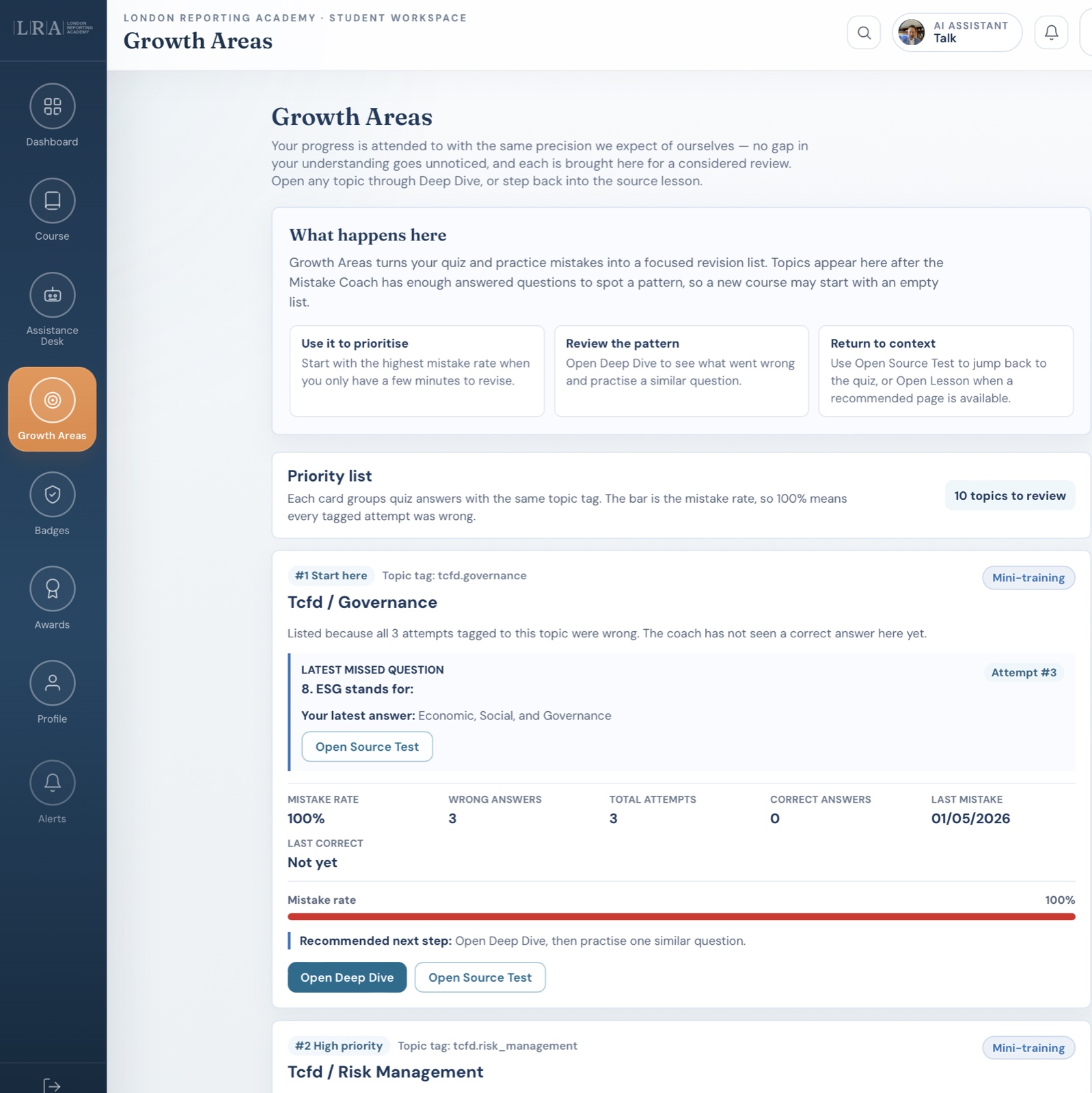 Growth Areas — mistake-pattern tracking