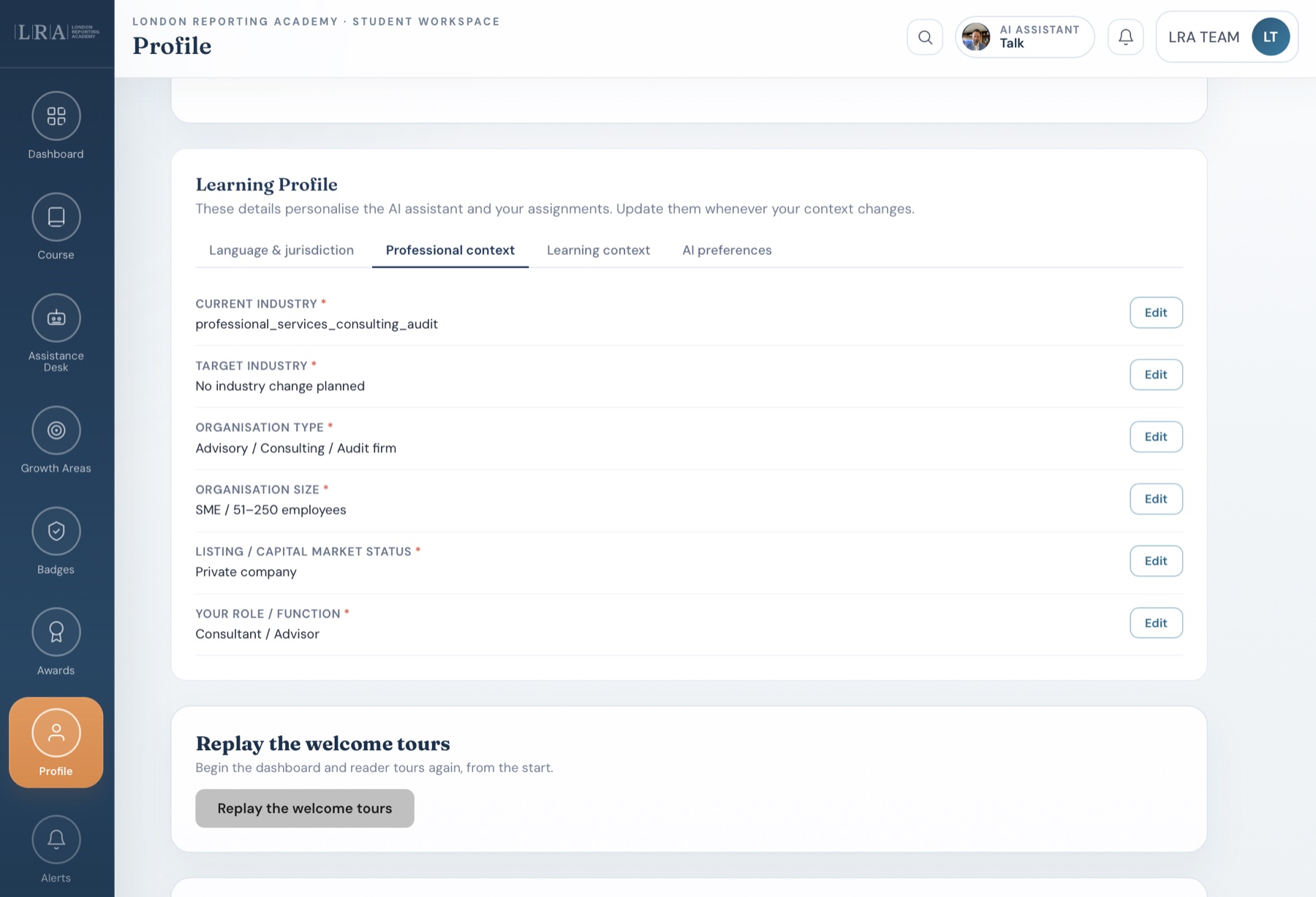 Learning Profile with personalised AI context
