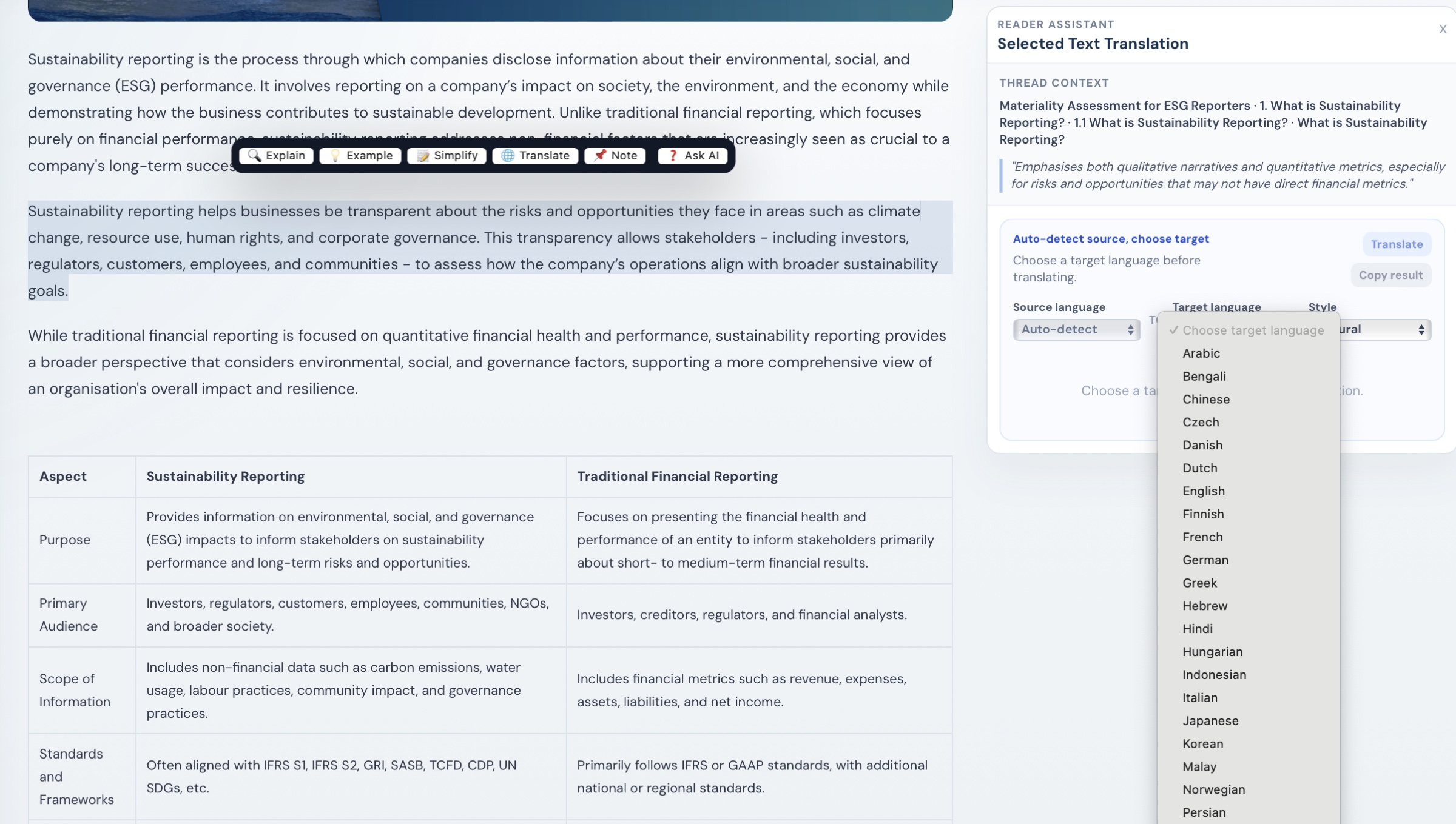 Inline translation panel — translate any selected text into 20+ languages