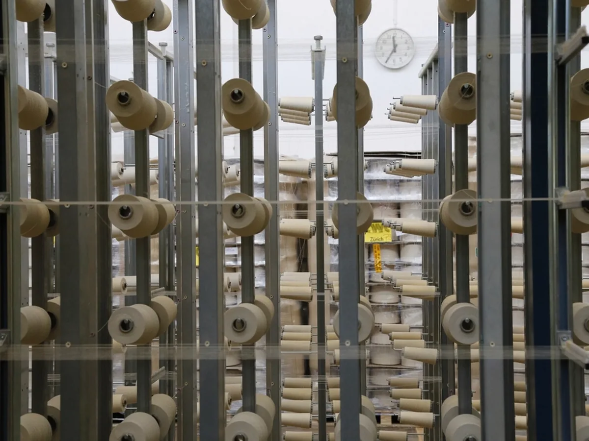 Rows of yarn spools on textile machinery.