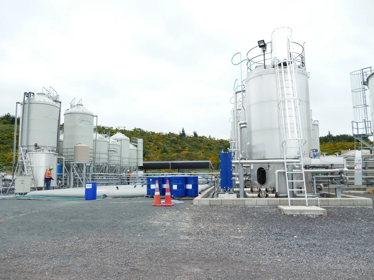 Treatment tanks and silos at a water treatment works.